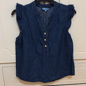 Draper James Dark Blue Denim Ruffle-Sleeve Henley Tank